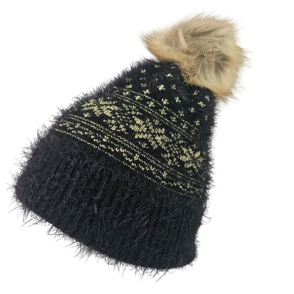 Unbranded Black Metallic Gold Furry Knit Beanie Faux Fur Pom-Pom Unisex OS - Picture 5 of 11